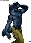  anthro canine eyewear goggles kyoht_luterman male mammal pinup plain_background pose solo topless white_background wolf 