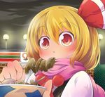  blonde_hair blush eating face food jagabutter lantern night red_eyes rumia scarf short_hair skewer solo touhou yakitori 