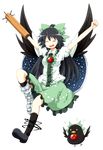  \o/ ^_^ arm_cannon arms_up bird black_hair bow cape closed_eyes full_body green_bow hair_bow mismatched_footwear open_mouth outstretched_arms red_eyes reiuji_utsuho reiuji_utsuho_(bird) ruu_(tksymkw) skirt solo third_eye touhou transparent_background weapon wings 