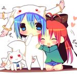  :3 ahoge bad_id bad_pixiv_id blue_eyes blue_hair blush bow cape chibi chocolat_(momoiro_piano) cosplay costume_switch ear_twitch hair_bow hand_to_own_mouth hat hat_with_ears hug kneeling kyubey kyubey_(cosplay) long_hair mahou_shoujo_madoka_magica miki_sayaka miki_sayaka_(cosplay) multiple_girls open_mouth red_eyes red_hair sakura_kyouko shirt short_hair shorts smile standing tail 