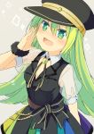  :d alina_gray asanagi_kurumi_(panda-doufu) bangs black_dress black_hat blush breasts brown_background diamond-shaped_pupils dress eyebrows_visible_through_hair green_eyes green_hair hair_between_eyes hat highres long_hair looking_at_viewer magia_record:_mahou_shoujo_madoka_magica_gaiden mahou_shoujo_madoka_magica open_mouth peaked_cap pleated_dress puffy_short_sleeves puffy_sleeves see-through see-through_sleeves short_sleeves simple_background small_breasts smile sparkle symbol-shaped_pupils 