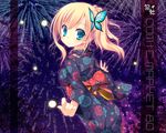  aerial_fireworks blonde_hair blue_eyes boku_wa_tomodachi_ga_sukunai bug butterfly butterfly_hair_ornament firefly fireworks floral_print hair_ornament insect japanese_clothes kashiwazaki_sena kimono looking_back nanaroba_hana night sky smile solo star_(sky) starry_sky 