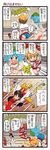  4koma alice_margatroid ass blonde_hair blue_eyes blue_hair blush bow brown_hair capelet closed_eyes comic dei_shirou detached_sleeves fallen_down flying fundoshi grey_eyes hair_bow hair_tubes hairband hakurei_reimu hat highres japanese_clothes kawashiro_nitori multiple_girls open_mouth running smile touhou translated two_side_up wrestling_ring 