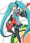  ahoge aqua_hair boots detached_sleeves electric_guitar green_eyes grin guitar hatsune_miku headset instrument long_hair mouth_hold necktie plectrum skirt smile solo thigh_boots thighhighs twintails utouto very_long_hair vocaloid whammy_bar 