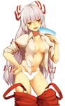  bad_id bad_pixiv_id bow breasts dress_shirt fan fujiwara_no_mokou hair_bow hair_ribbon hand_on_hip hot long_hair medium_breasts navel no_bra open_clothes open_mouth open_shirt orange_eyes panties pants_down pants_pull paper_fan red_eyes ribbon shirt sideboob silver_hair sleeves_rolled_up solo suspenders sweat touhou tsuchifumazu uchiwa underwear white_panties 