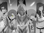  3boys accelerator bad_id bad_pixiv_id biribiri blue_eyes brown_eyes column_lineup feathers glowing glowing_eyes grin kakine_teitoku misaka_mikoto mugino_shizuri multiple_boys multiple_girls red_eyes smile sogiita_gunha spot_color to_aru_majutsu_no_index yellow_eyes 