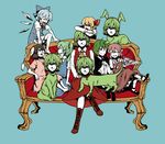  across_lap animal_ears animalization antennae aqua_background ascot barefoot blonde_hair blue_hair boots bow brown_hair bunny bunny_ears cape chin_on_head chin_rest cirno collar couch cross-laced_footwear crossed_legs daiyousei dog dog_ears dress green_hair grin hair_bow hands_clasped hands_on_lap high_contrast inaba_tewi kazami_yuuka lace-up_boots long_skirt mary_janes multiple_girls mystia_lorelei own_hands_together pink_hair plaid plaid_skirt plaid_vest red_eyes rumia shoes side_ponytail sitting skirt skirt_set smile smirk team_9 torinone touhou vest what wings wriggle_nightbug 