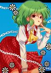  ascot bent_over chain dress_shirt flower girotin_ginza green_hair hand_on_own_face kazami_yuuka plaid plaid_skirt plaid_vest red_eyes shirt short_hair skirt skirt_set solo tongue tongue_out touhou vest 