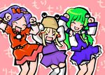  3girls animated animated_gif blonde_hair caramelldansen dancing female gif green_hair hair_ornament hat kochiya_sanae long_hair lowres moriya_suwako multiple_girls open_mouth purple_hair short_hair touhou yasaka_kanako 