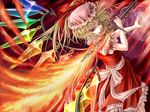  alternate_weapon blonde_hair bow eyelashes fire flandre_scarlet frills hat hat_bow petticoat red_eyes ribbon short_sleeves side_ponytail skirt skirt_set smile solo sword touhou wallpaper weapon wings yuki_shuuka 