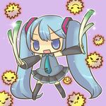  blue_eyes blue_hair chibi dual_wielding hatsune_miku holding long_hair necktie no_nose semausa skirt solo sparkle spring_onion thighhighs twintails vocaloid 