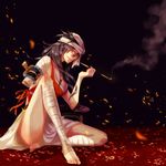  amputee ankle_wrap bad_id bad_pixiv_id bandages barefoot black_hair bleach kiseru legs long_hair pipe shiba_kuukaku sitting smile smoke solo suribachi_(miyabi) sword weapon 