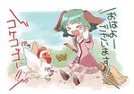  &gt;_&lt; animal_ears arm_up bamboo_broom bird blush broom chachi_(azuzu) chicken closed_eyes dress fang green_hair kasodani_kyouko open_mouth rooster short_hair skirt smile solo touhou translated 