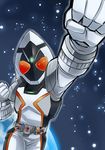  belt clenched_hands foreshortening kamen_rider kamen_rider_fourze kamen_rider_fourze_(series) male_focus megane_man outstretched_arm raised_fist solo space 