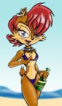  alcohol alicia_acorn beach beverage bikini blue_eyes bottle bracelet breasts chadrocco chipmunk cleavage clothed clothing collar ear_piercing earring facial_piercing female jewelry mammal piercing purple_eyes red_eyes rodent sally_acorn seaside sega skimpy solo sonic_(series) spiked_collar spikes squirrel swimsuit tail tight_clothing tongue tongue_piercing 