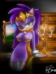  bottomless bra breasts candle clothed clothing crown female fire green_eyes hair half-dressed hedgehog legwear looking_at_viewer mammal nancher nipples partially_clothed purple purple_body purple_hair pussy queen_aleena sega solo sonic&#039;s_mom sonic_(series) sonic_underground stockings thigh_highs underwear 