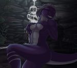  anthro breasts danza dragon female lozbunneh navel pin pose purple_body purple_skin scalie solo suggestive up water waterfall 