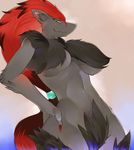  1girl breasts chest_tuft female furry green_eyes long_hair looking_at_viewer nintendo nude pok&#233;mon pok&#233;morph pok&eacute;mon pokemon pose red_hair simple_background sindoll smile solo standing tuft video_games zoroark 