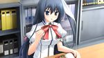  black_hair blue_eyes food game_cg ikegami_akane long_hair saran_takamizawa seifuku with_ribbon 