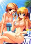  2girls blonde_hair blue_eyes blush breasts erect_nipples fortune_arterial highres legs long_hair multiple_girls nipples nude nude_filter photoshop pussy smile thighs uncensored wink zenra 