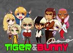  6+boys antonio_lopez bad_id bad_pixiv_id bare_shoulders barnaby_brooks_jr belt blonde_hair blue_eyes blue_jacket boots brown_eyes brown_hair brown_legwear bruce_lee's_jumpsuit cabbie_hat chest_hair chibi cropped_jacket crossed_arms dark_skin detached_sleeves earrings facial_hair glasses green_eyes hand_on_hip hat huang_baoling ivan_karelin jacket jewelry kaburagi_t_kotetsu karina_lyle keith_goodman letterman_jacket lipstick long_hair makeup multiple_boys multiple_girls nathan_seymour necklace necktie pink_eyes pink_hair purple_eyes purple_jacket red_jacket renoko short_hair stubble studded_belt thighhighs tiger_&amp;_bunny waistcoat watch wristwatch 