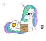  alicorn equine female feral friendship_is_magic hasbro horn mammal my_little_pony pegacorn plain_background princess princess_celestia_(mlp) rodolfomushi royalty sad sign solo tin_can white_background winged_unicorn wings 