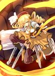  beret blonde_hair boots breasts brown_legwear cleavage corset detached_sleeves drill_hair fingerless_gloves foreshortening gloves gun hair_ornament hairpin hat huge_weapon magical_girl magical_musket mahou_shoujo_madoka_magica matsuno_canel medium_breasts open_clothes open_shirt outstretched_arm pleated_skirt ribbon rifle shirt sketch skirt smile solo striped striped_legwear taut_clothes taut_shirt thighhighs tomoe_mami twin_drills twintails vertical-striped_legwear vertical_stripes weapon yellow_eyes zettai_ryouiki 