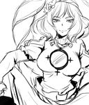  breasts eyelashes greyscale hair_ornament highres large_breasts mirror monochrome navel ririvery rope shimenawa short_hair sitting sketch smile solo touhou tsurime yasaka_kanako 