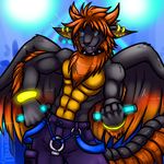  barrin84 blue_eyes bracelet clothing dragon ear_piercing earring facial_piercing furred_dragon glowstick grin hair jewelry male neckband northern_dragon pants piercing sandalf solo wings yellow_horns 