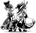  back-to-back bow child dress fifiruu greyscale hair_bow hat kirisame_marisa long_hair medicine_melancholy monochrome multiple_girls short_hair touhou witch_hat 