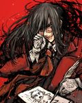  alucard_(hellsing) black_hair coat fangs glasses gloves hellsing long_hair moto_murabito open_mouth pentagram quill red_eyes seras_victoria vampire 