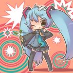  ;q bandages bandaid bandaid_on_hand bandaid_on_leg blue_eyes blue_hair chibi concentric_circles crossed_bandaids hatsune_miku highres long_hair one_eye_closed scrape semausa slingshot solo spring_onion thighhighs tongue tongue_out twintails vocaloid 