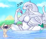  ! blue_eyes breasts female navel nipples oops pok&eacute;mon reshiram size_difference tagme trainer water white white_nipples 