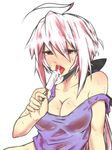  ahoge blush bow breasts cleavage eating food hair_bow hair_ornament jin_(mugenjin) long_hair medium_breasts ponytail popsicle red_eyes sexually_suggestive simple_background solo sweat tank_top tongue vocaloid voyakiloid white_hair yowane_haku 