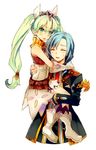  1girl armlet bad_id bad_pixiv_id bangs bishnal_(rune_factory) blue_hair blush boots butler carrying closed_eyes formal frey_(rune_factory) gloves green_eyes green_hair happy hi_(miriri) long_hair necktie open_mouth purple_legwear rune_factory rune_factory_4 short_hair simple_background sleeveless suit sweat tiara twintails 