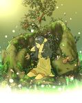  adjusting_hair bad_id bad_pixiv_id barefoot black_hair bug bunching_hair butterfly creature flower grass highres insect kneeling light_particles long_hair miyama_fugin moss mouth_hold mushroom nature original plant ribbon sun tree vines 