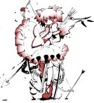  arrow bad_id bad_pixiv_id bow_(weapon) chain full_body gloves gokinyan gun highres kaname_madoka leg_lift magical_girl mahou_shoujo_madoka_magica pink_hair planted_arrow planted_sword planted_weapon polearm red_eyes short_hair short_twintails single_wing skirt smile solo spear standing standing_on_one_leg sword twintails weapon wings 