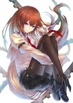  2d black_legwear blue_eyes boots brown_hair jacket leg_hug legs legwear_under_shorts long_hair makise_kurisu necktie pantyhose red_neckwear shorts smile solo steins;gate very_long_hair 