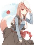  animal_ears apple bad_id bad_pixiv_id beret brown_hair dress food fruit hat holo long_hair meet_neet red_eyes solo spice_and_wolf tail wolf_ears wolf_tail 
