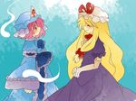  bad_id bad_pixiv_id blonde_hair bow closed_eyes dress face-to-face ghost hair_bow hammer_(sunset_beach) hat hitodama japanese_clothes long_hair multiple_girls pink_eyes pink_hair ribbon saigyouji_yuyuko short_hair smile touhou triangular_headpiece yakumo_yukari 