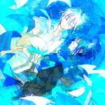  2boys blue_eyes blue_hair book closed_eyes flying_paper male_focus multiple_boys nezumi_(no.6) no.6 paper scarf shion_(no.6) short_ponytail smile white_hair 