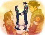  1girl arabagi bandages black_hair cigarette couple eye_contact flak_jacket forehead_protector hetero holding_hands holster looking_at_another naruto naruto_(series) sarutobi_asuma thigh_holster yuuhi_kurenai 