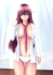  bed blue_eyes blush breasts cameltoe covered_nipples dress_shirt highres large_breasts long_hair makise_kurisu necktie nipple_slip nipples panties red_hair shirt solo steins;gate suido_koji underwear 