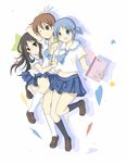  aioi_yuuko blue_eyes blue_hair brown_eyes brown_hair glasses hair_cubes hair_ornament heart hug long_hair looking_at_viewer midriff minakami_mai multiple_girls naganohara_mio navel necktie nichijou notebook open_mouth pencil school_uniform shirt_lift short_hair short_twintails skirt standing star tokisadame_school_uniform tsuruki_noki twintails v 