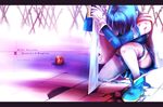  apple armband blood blue_hair cape crack cuts food fruit gloves hidden_face highres injury kneeling letterboxed magical_girl mahou_shoujo_madoka_magica miki_sayaka mizublue puddle short_hair solo sword tears thighhighs weapon 