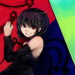  armpits bad_id bad_pixiv_id bare_shoulders black_hair detached_sleeves grin highres houjuu_nue maccha_cocoa_(mococo) red_eyes short_hair smile solo touhou 