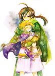  1girl ahoge ami_(cadenza) blonde_hair brown_eyes brown_hair cape closed_eyes garcia_(golden_sun) gloves golden_sun highres hug hug_from_behind long_hair open_mouth ponytail shiba_(golden_sun) short_hair sword traditional_media watercolor_(medium) weapon 