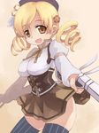  blonde_hair drill_hair gun handgun hat kouno_hikaru long_hair mahou_shoujo_madoka_magica pistol solo thighhighs tomoe_mami twin_drills twintails weapon yellow_eyes 