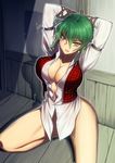  arm_garter arms_up bdsm bondage bottomless bound breasts dress_shirt green_hair jonylaser kazami_yuuka kneeling large_breasts legs no_bra open_clothes open_mouth open_shirt orange_eyes plaid shirt short_hair solo thighs touhou vest 