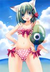  :d absurdres animal_ears bikini blue_eyes blush bow cat_ears green_hair greenwood hair_ornament hair_ribbon hand_on_hip highres midori_(greenwood) midriff navel open_mouth original polka_dot ribbon smile solo swimsuit water_gun zinno 